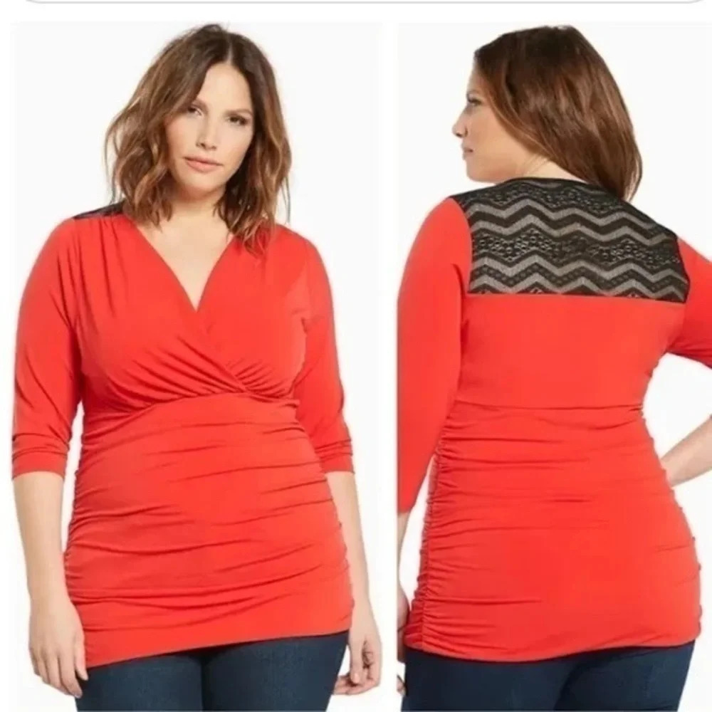 Torrid | Red 3/4 Sleeve Sheer Black Sheer Back Blouse Size 1X NWOT